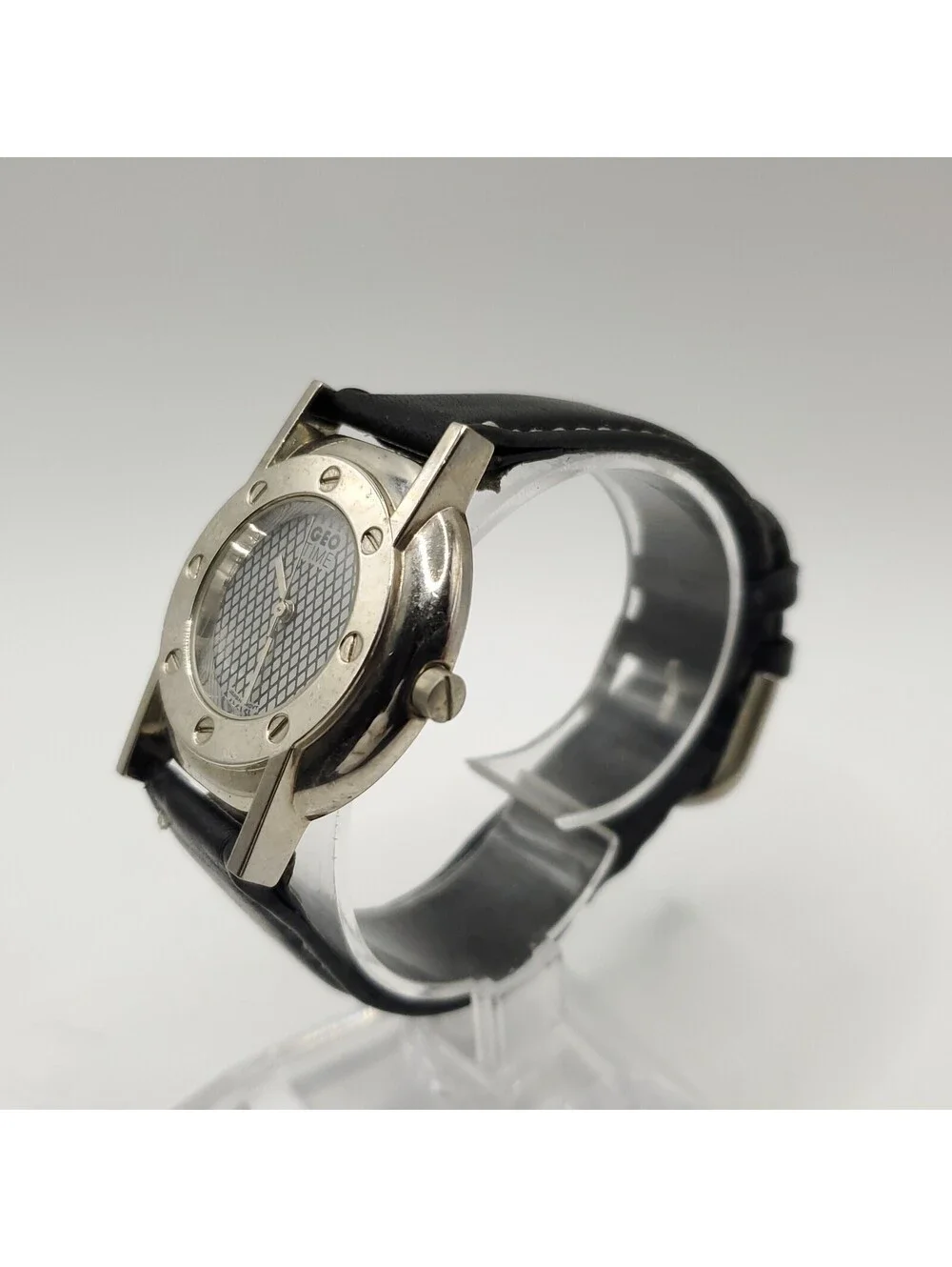 Geo Time Always Ahead Of Time 35mm Quartz New Battery Silver Tone Black Band